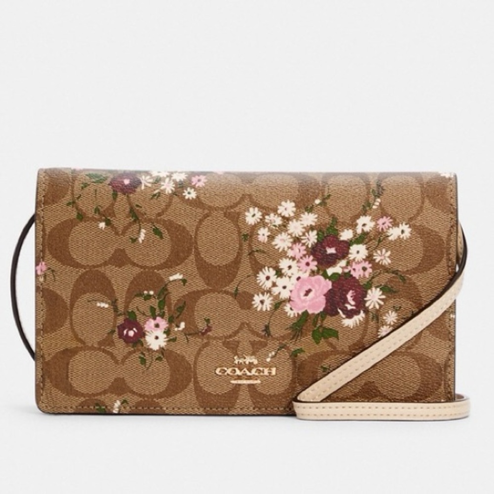 Coach Anna Foldover Crossbody Clutch | Evergreen Floral Print & Detachable Strap